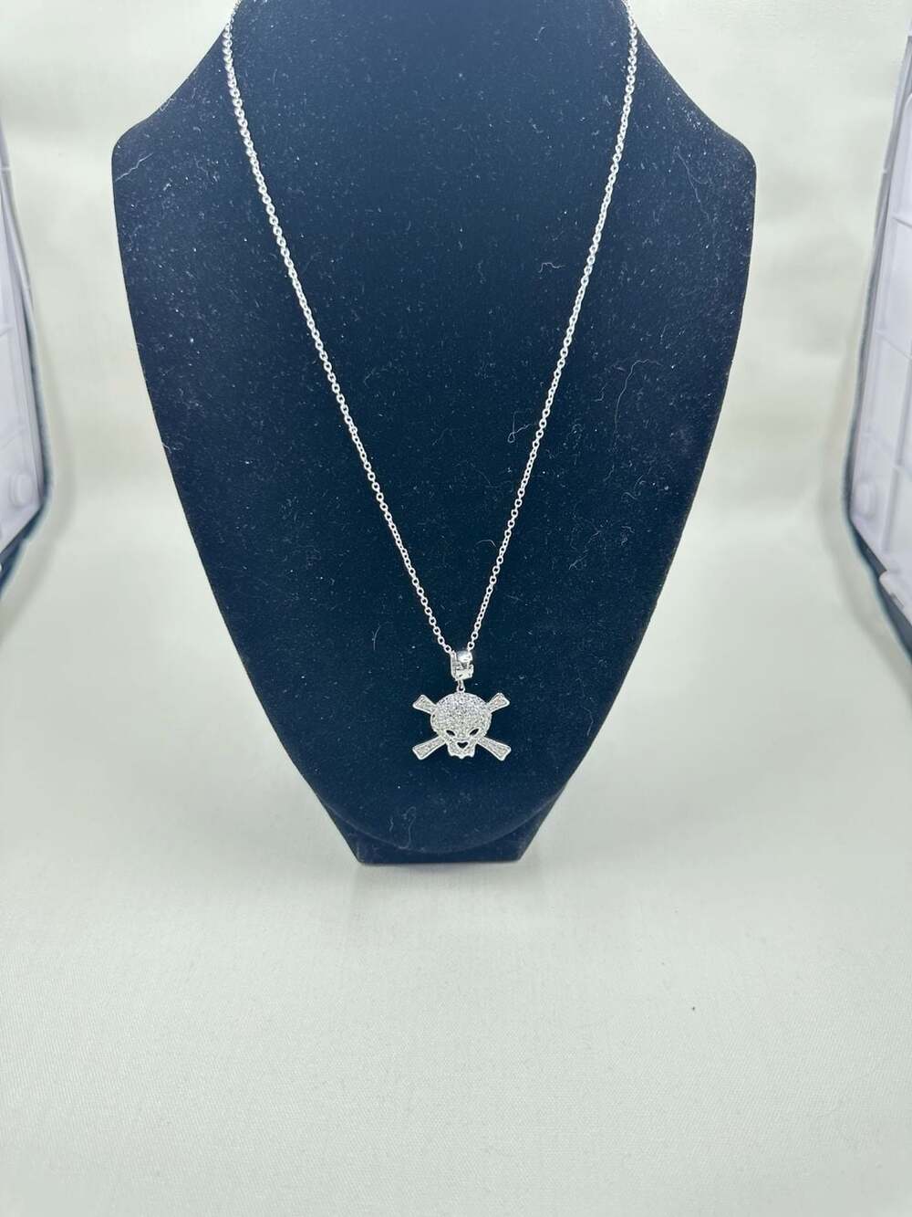 Silver Skull and Crossbones Rhinestone Pendant Necklace